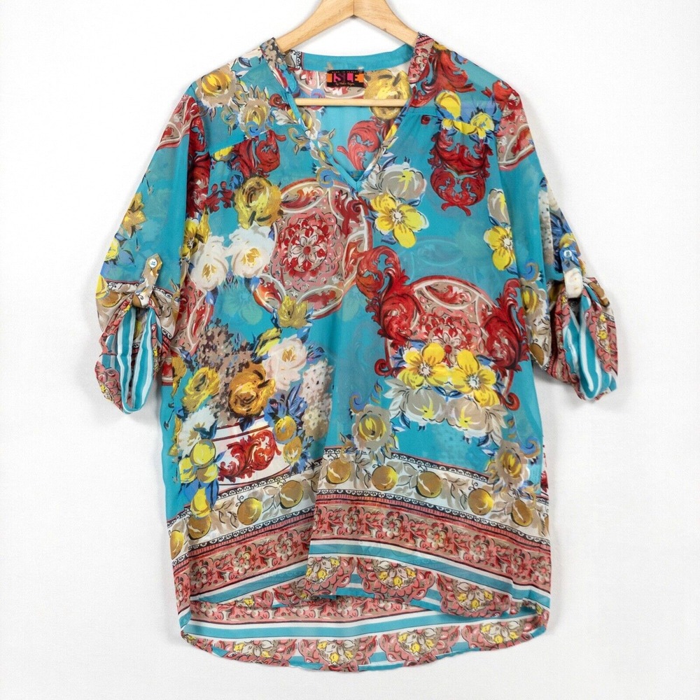 ISLE Melis Kazan Top Blouse Shirt Sz Medium Blue Floral Print Sheer 3/4 Sleeve